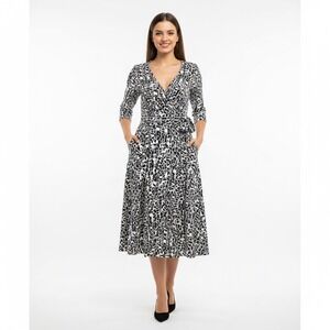 Lauren Ralph Lauren Dress Womens 8 Black White Patterned Midi Party Career Fancy